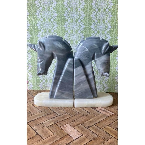 Carved Stone Grey Marbled Unicorn Bookends Set of 2 - Picture 1 of 5